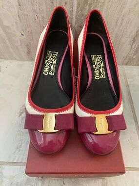 Salvatore Ferragamo Pink, White and Burgundy Vara Bow Flats